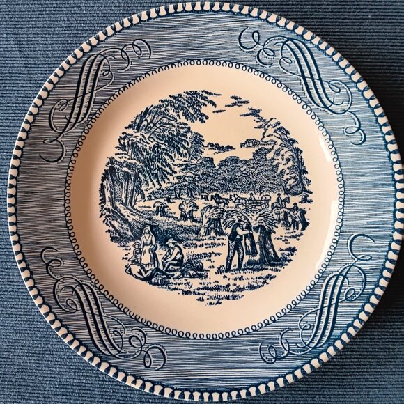 Vintage Currier and Ives Bread and Butter Plate: Blue & White Harvest Scene - Picture 2 of 4